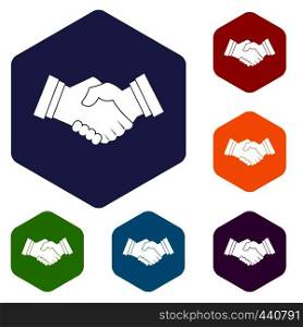 Business handshake icons set hexagon isolated vector illustration. Business handshake icons set hexagon