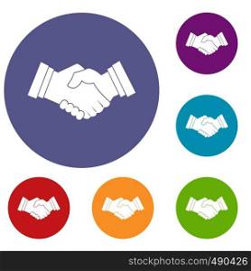 Business handshake icons set in flat circle red, blue and green color for web. Business handshake icons set