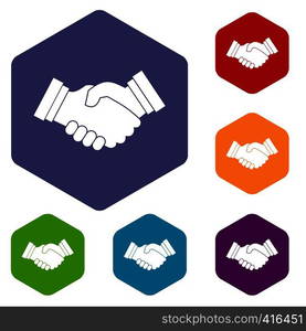 Business handshake icons set rhombus in different colors isolated on white background. Business handshake icons set