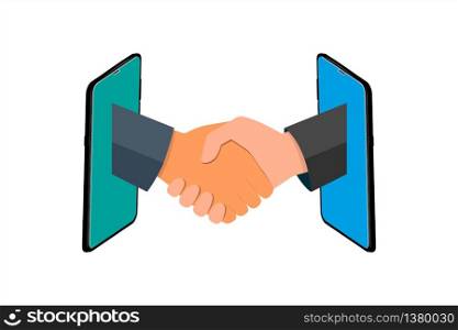 Business handshake vector illustration flat style. Online Communication, two business man handshake on mobile, Businesspersons shaking hands through display of a phone.
