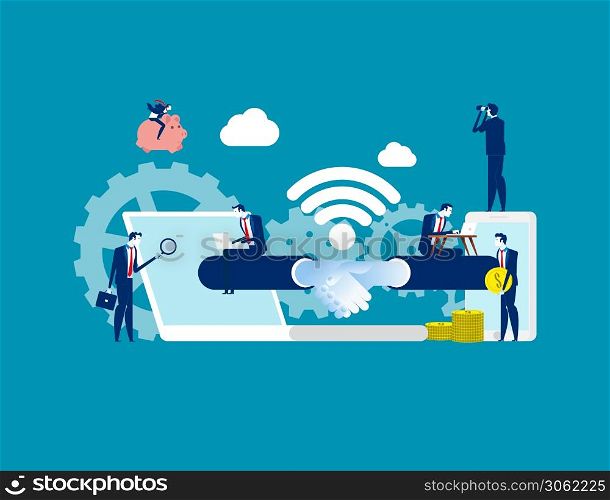 Business handshake via phone and laptop. Concept business vector illustration, Online transaction, Flat investor character design.