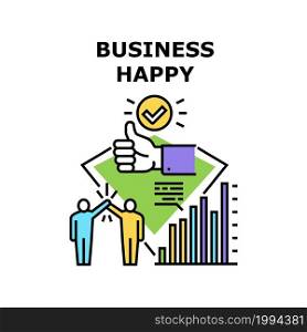 Business Happy Vector Icon Concept. Business Happy Worker And Entrepreneur, Successful Achievement And Increase Profit. Manager Analyzing Sales Or Income Infographic Color Illustration. Business Happy Vector Concept Color Illustration