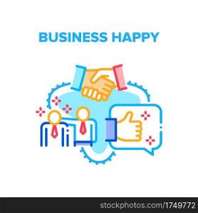 Business Happy Vector Icon Concept. Businesspeople Embracing And Handshaking After Success Deal And Signed Contract, Good Review Company Service And Business Happy Color Illustration. Business Happy Vector Concept Color Illustration