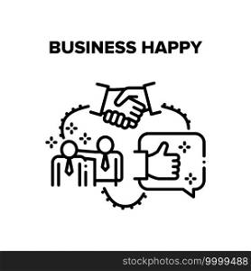 Business Happy Vector Icon Concept. Businesspeople Embracing And Handshaking After Success Deal And Signed Contract, Good Review Company Service And Business Happy Black Illustration. Business Happy Vector Black Illustrations