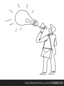 Business, having and spreading idea, businessman with megaphone and light bulb isolated outline drawing vector. Startup or project, advertising or promo. Creativity and efficient thought, office worker. Idea spreading and advertising, businessman with megaphone and light bulb