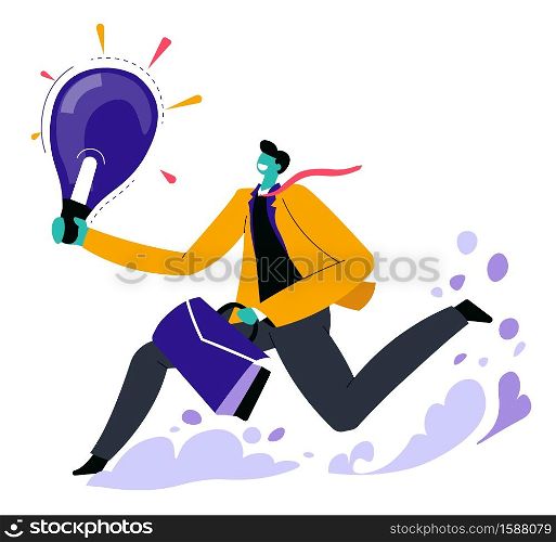 Business, having idea, businessman holding light bulb vector. Startup or project brainstorming, creativity and efficiency. Entrepreneur or office worker with briefcase, manager or boss, development. Businessman with idea and briefcase, having business idea