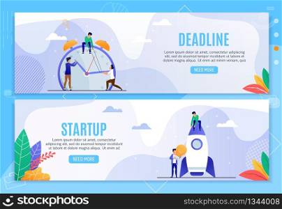 Business Header Banners Set. Deadline and Startup. Time Management, Planning and Strategy Generation. Office Team and Alarm Clock. Freelancers, Lightbulb and Rocket. Vector Flat Illustration. Deadline and Startup Business Header Banners Set