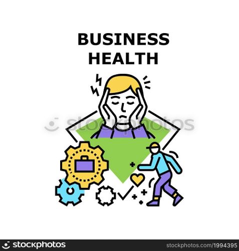 Business Health Vector Icon Concept. Manager Businessman With Headache After Heavy Work Process And Healthy Walk Exercising, Business Health And Treatment. Healthcare Employee Color Illustration. Business Health Vector Concept Color Illustration
