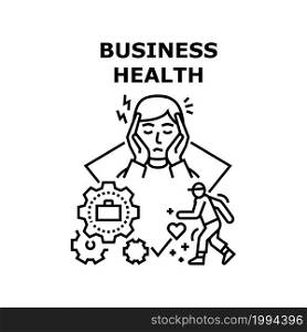 Business Health Vector Icon Concept. Manager Businessman With Headache After Heavy Work Process And Healthy Walk Exercising, Business Health And Treatment. Healthcare Employee Black Illustration. Business Health Vector Concept Black Illustration