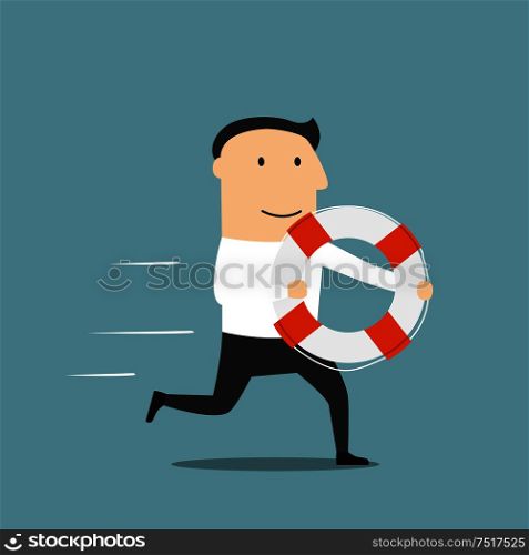 Business help, support, crisis survival, investment concept design. Cartoon businessman or investor with lifebuoy in hands running for help. Businessman with lifebuoy ready to help