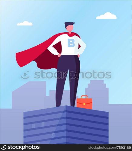 Business hero, leader in superhero cloak on top of skyscraper in city center. Vector businessman with red briefcase, superhuman big boss, commercial director. Business Hero, Leader in Superhero Cloak, Roof Top