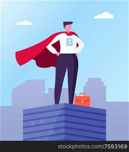 Business hero, leader in superhero cloak on top of skyscraper in city center. Vector businessman with red briefcase, superhuman big boss, commercial director. Business Hero, Leader in Superhero Cloak, Roof Top