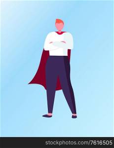 Business hero manager in superhero suit, full length and portrait view of man character, standing male in suit flat design style, winner human vector. Winner Standing in Superhero Suit, Business Vector