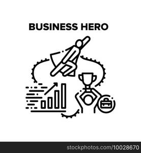 Business Hero Vector Icon Concept. Business Hero Man And Leader Holding Award Cup Won In Company Competition, Manager Growth Financial Profit And Success Deal Contract Black Illustration. Business Hero Vector Black Illustrations