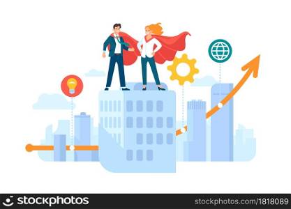 Business heroes couple. Happy man and woman, superheroes costumes on skyscraper roof, growing business chart, success symbol of strong teamwork vector concept. Hero couple. Happy man and woman, superheroes costumes on skyscraper roof, growing business chart, success symbol