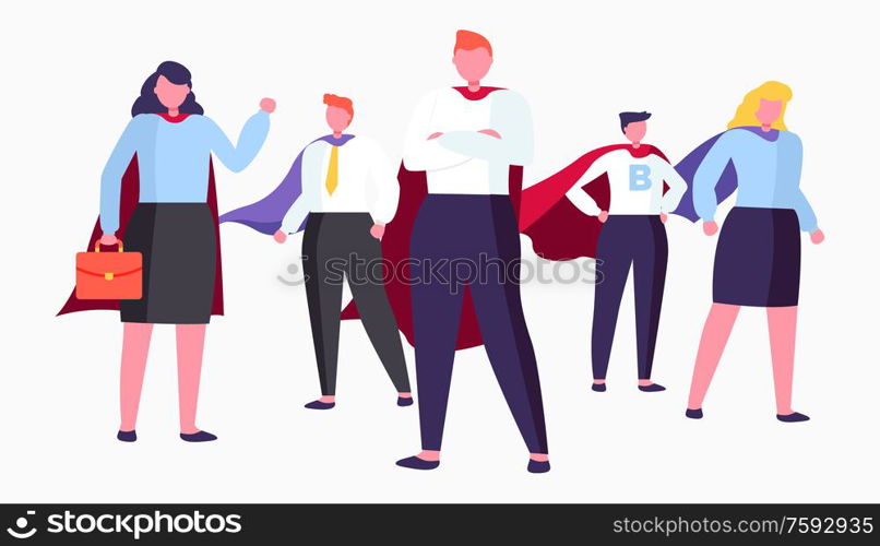 Business heroes vector, isolated people wearing formal clothing and standing in cool pose, man and woman with cloaks and briefcase with documents. Business Heroes, People Businessman Businesswoman