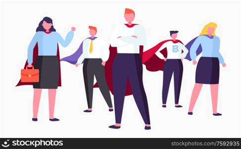 Business heroes vector, isolated people wearing formal clothing and standing in cool pose, man and woman with cloaks and briefcase with documents. Business Heroes, People Businessman Businesswoman