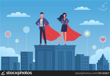 Business heroes. Woman and man with red capes and suites on skyscraper roof, city background with different symbol tags, super brave strong leader people. Professional team flat vector cartoon concept. Business heroes. Woman and man with red capes on skyscraper roof, city background with different symbol tags, brave strong leader people. Professional team flat vector cartoon concept