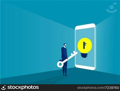Business Hold Key Look to unlock on smartphone Vector Illustration