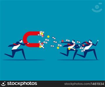 Business holding large magnet and attract money form partnership. Concept business vector illustration, Magnet, Attract, Scam, Flat business cartoon.