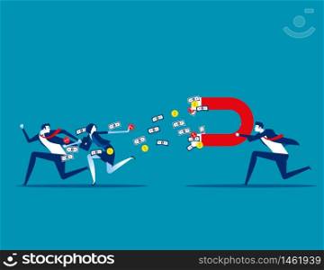 Business holding large magnet and attract money form partnership. Concept business vector illustration, Magnet, Attract, Scam, Flat business cartoon.
