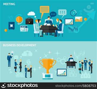 Business horizontal banner set with meeting and development elements isolated vector illustration. Business Banner Set