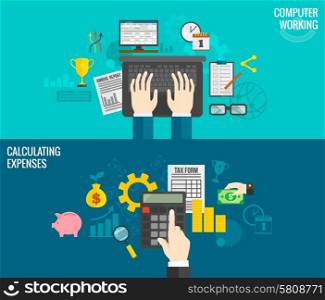 Business horizontal banners set with hands working on computer and calculating expenses isolated vector illustration. Business Hand Banners