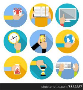 Business human hands with gift box open book computer monitor icons set isolated vector illustration