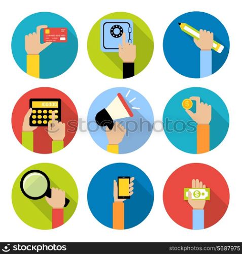 Business human hands with money coin and paper cash safe credit card icons set isolated vector illustration