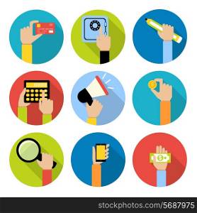 Business human hands with money coin and paper cash safe credit card icons set isolated vector illustration