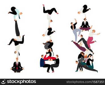Business human pyramid. Team work success concept with miniature people, successful corporate crowd creative, vector employees together support working communication isolated on white. Business human pyramid. Team work success concept with miniature people, successful corporate crowd creative, vector employees together support working communication