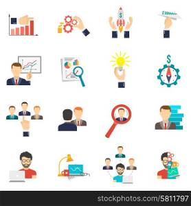 Business icon flat set with charts meetings investment ideas isolated vector illustration. Business Icon Flat Set