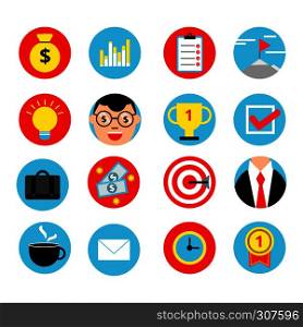 Business icon set in flat style. Vector illustrations of money, goals and finance signs. Business and finance icons, goal and clock office. Business icon set in flat style. Vector illustrations of money, goals and finance signs