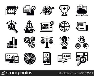 Business icons. Corporate businesses teamwork, global partnership and office management. Businessman marketing site seo optimization signs. Isolated vector silhouette symbols set. Business icons. Corporate businesses teamwork, global partnership and office management vector silhouette symbols set