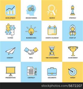 Business icons flat line set of development brainstorming search isolated vector illustration