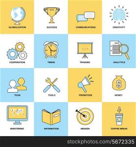 Business icons flat line set of globalization success communications isolated vector illustration