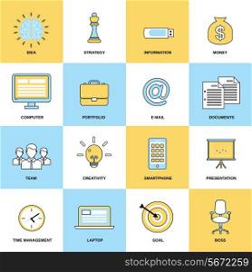 Business icons flat line set of idea strategy information isolated vector illustration