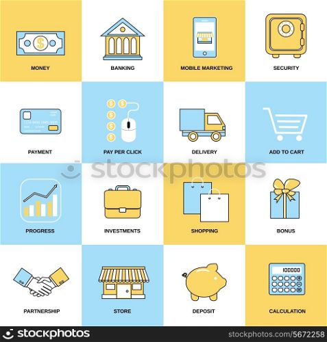 Business icons flat line set of money banking mobile marketing isolated vector illustration
