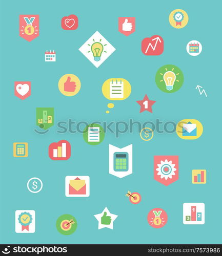 Business icons pattern, work items and graphics vector. Idea symbol or light bulb, medal and calculator, message and dollar sign, thumb up and target in flat style. Work Items and Graphics, Business Icons Pattern