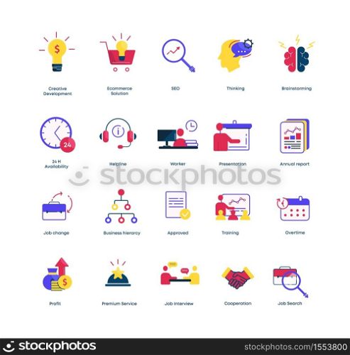 Business icons set. Financial training customer support line SEO optimization presentation and idea of new project job search with premium account intensive work on delivery vector deadline.. Business icons set. Financial training customer support line SEO optimization presentation and idea of new project.