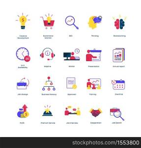 Business icons set. Financial training customer support line SEO optimization presentation and idea of new project job search with premium account intensive work on delivery vector deadline.. Business icons set. Financial training customer support line SEO optimization presentation and idea of new project.