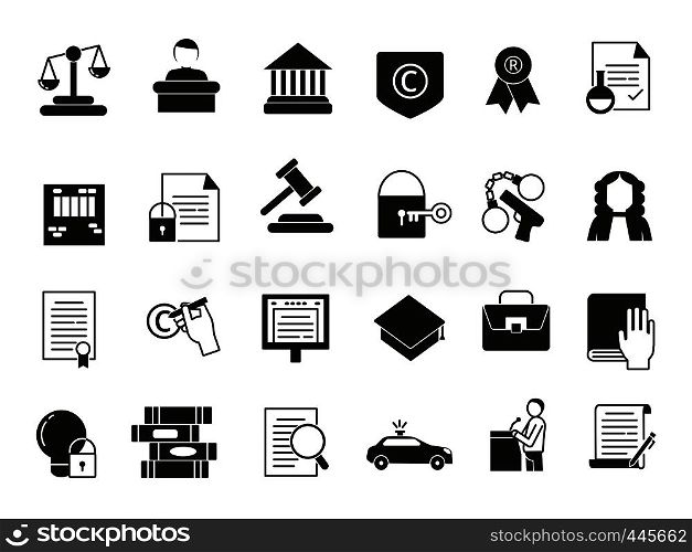 Business icons set in monochrome style. Law and protection. Legal regulations and protection, legal justice and document, vector illustration. Business icons set in monochrome style. Law and protection. Legal regulations