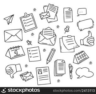 Business icons set. Letter, paper, envelope and letter, bubble cloud for text and paper sticker, hand gesture and calendar. Vector illustration. Isolated linear hand drawn doodles on white background