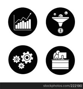 Business icons set. Sales funnel, growth chart, cogwheels and office worker. Vector white silhouettes illustrations in black circles. Business icons set