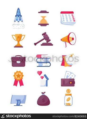 Business icons vector set. Rocket, megaphone, winner cup are shown. Books, briefcase, judge’s gavel, calendal, hourglass are shown. Piggy bank, bag of money, wallet are shown in the set. Business icons vector set. Rocket, megaphone, winner cup are shown. Books, briefcase, judge’s gavel, calendal, hourglass are shown.
