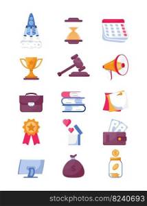 Business icons vector set. Rocket, megaphone, winner cup are shown. Books, briefcase, judge’s gavel, calendal, hourglass are shown. Piggy bank, bag of money, wallet are shown in the set. Business icons vector set. Rocket, megaphone, winner cup are shown. Books, briefcase, judge’s gavel, calendal, hourglass are shown.