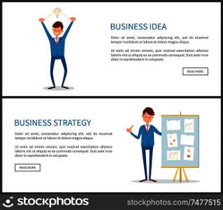 Business idea and strategy, businessman with board and information vector. Web pages text sample, people working with innovative thoughts and plans. Business Idea and Strategy, Businessman with Board