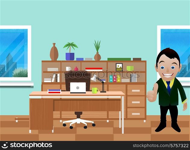 Business idea concept. Businessman standing in office and holding thumbs up in flat design