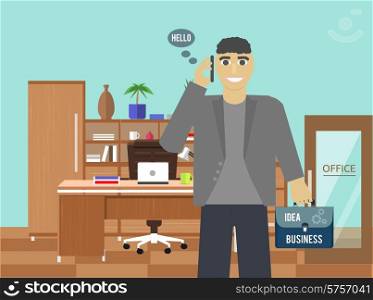 Business idea concept. Businessman standing in office talking on the phone and holding a briefcase in hand in flat design
