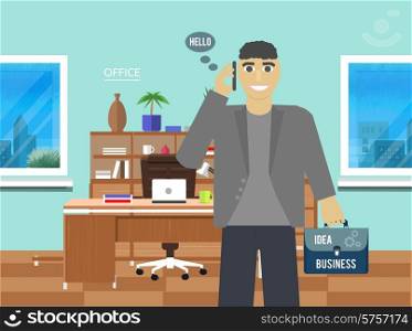 Business idea concept. Businessman standing in office talking on the phone and holding a briefcase in hand in flat design